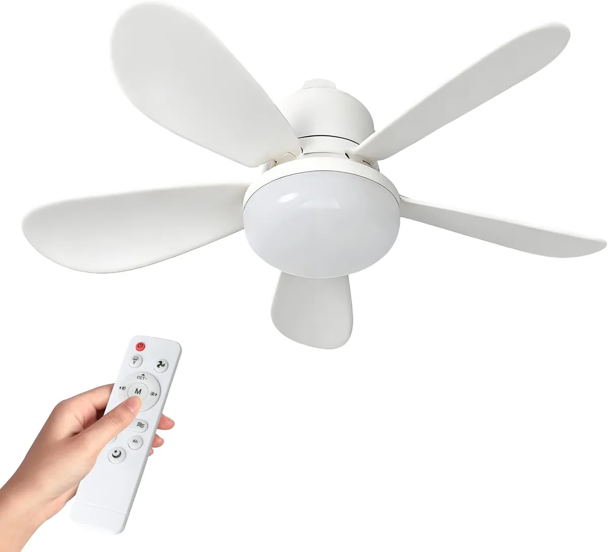 A white ceiling fan with a built-in light, and its small white remote