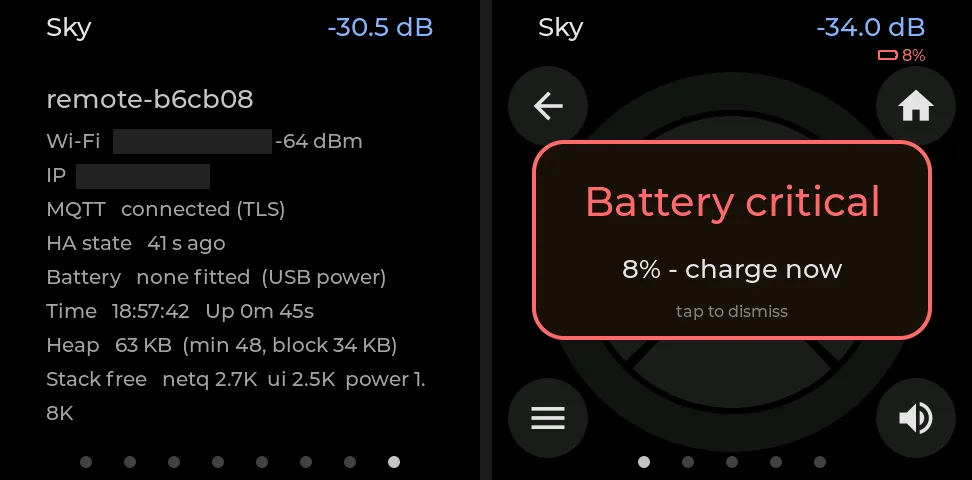 The device page, with the network name and address blanked, next to the critical battery warning on a pretend 8% battery
