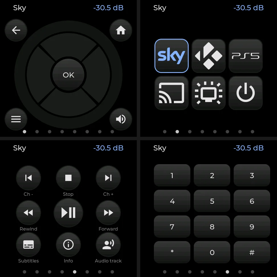 Four of the pages: the click-wheel, the Activities tiles, the Playback keys and the number pad