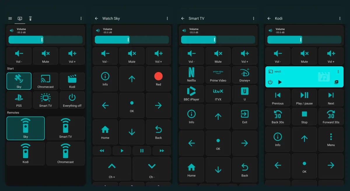 Four of the dashboard's pages side by side: Activities, Watch Sky, Smart TV and Kodi
