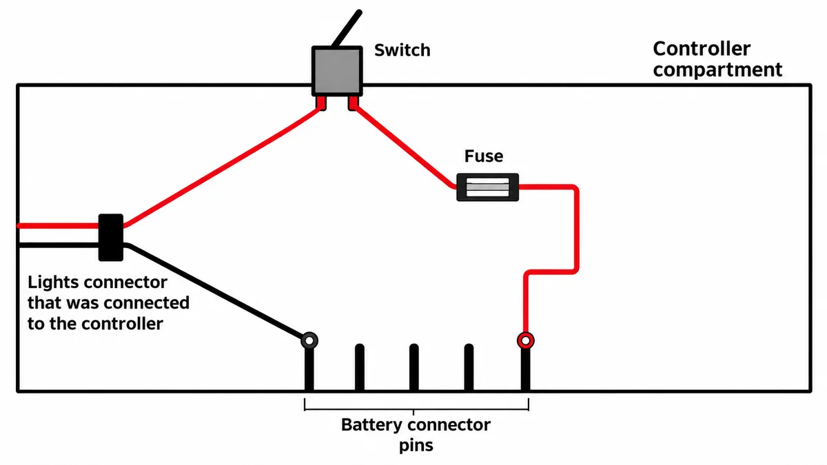 Wiring diagram showing the lights connector that was previously wired to the controller instead tapped directly off the battery connector pins, routed through an inline switch and fuse